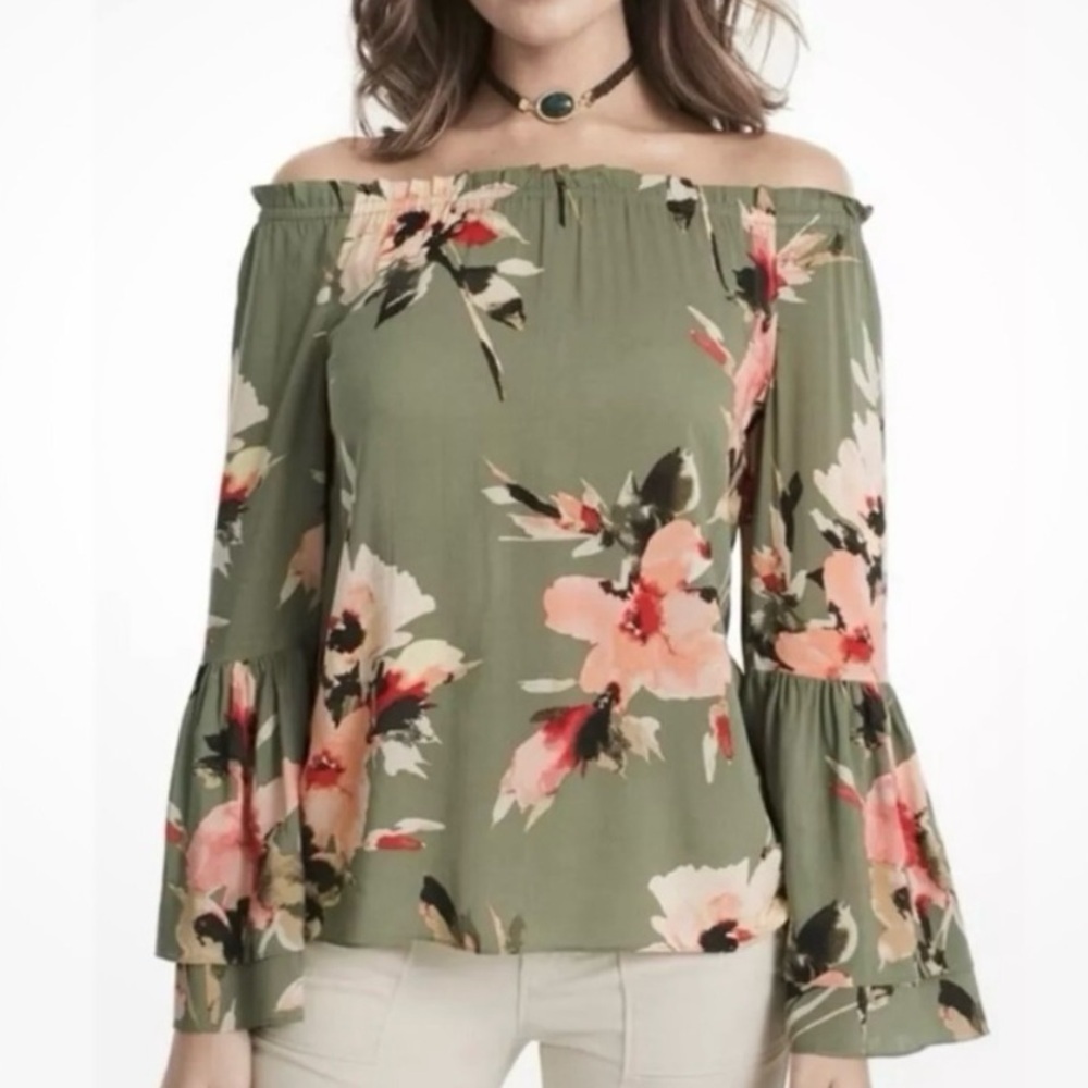 White House Black Market Green Floral Off-Shoulder Blouse Romantic Peasant Top